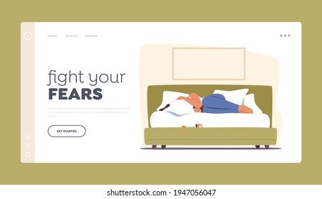 Pain, Problem Landing Page Template. Depressed and Anxious Woman Character in Depression with Headache Feeling Frustrated Crying Sad at Home in Fetal Position Sofa Couch. Cartoon Vector Illustration