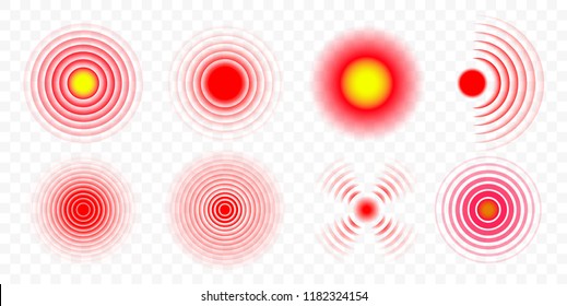 Pain red circle or ache localization icon. Vector isolated pain circle symbols set for painkiller medicine pill package logo design or medical information
