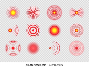 Pain red circle or ache localization icon. Vector isolated pain circle symbols set for painkiller medicine pill package logo design or medical information