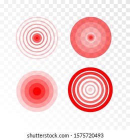 	
Pain red circle or ache localization icon. Body painful spot marks. Muscle pain, painful headaches or healt. Sonar waves isolated on transparent background. 