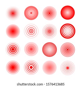 Pain red circle or ache localization icon. Body painful spot marks. Muscle pain, painful headaches or healt. Sonar waves isolated on transparent background. 