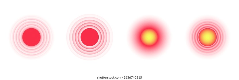 Pain red circle with gradient heat map effect. Medical target for inflammation, stress, injury or pressure point visual. Ache design set for healthcare or advertisement. Vector Illustration.
