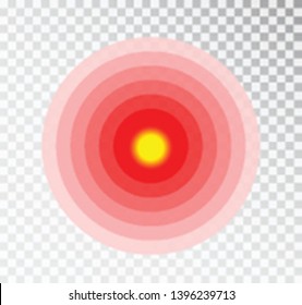 Pain red circle icon for inflammatory ache point. Vector symbol for muscular pain or headache and in stomach and painkiller medicine pill package design