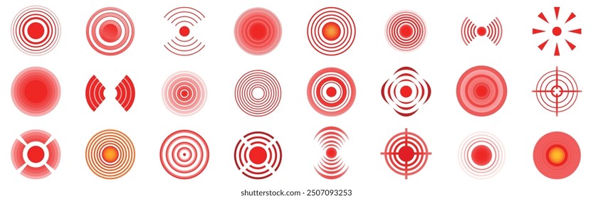 Pain red circle icons set. Set of pain red circle targeting spots indicating sore body part or trigger point