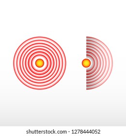 Pain red circle or localization mark, aching place sign, abstract symbol of pain, sore spot or hurt body part marker, design element for painkiller advertisement and medical information posters