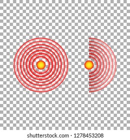 Pain red circle or localization mark, aching place sign, abstract symbol of pain, sore spot or hurt body part marker, design element for painkiller advertisement and medical information posters