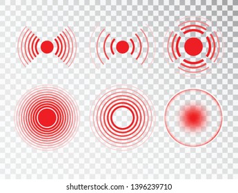 Pain red circle or localization mark, aching place sign, abstract symbol of pain, sore spot or hurt body part marker, design element for painkiller advertisement and medical information posters