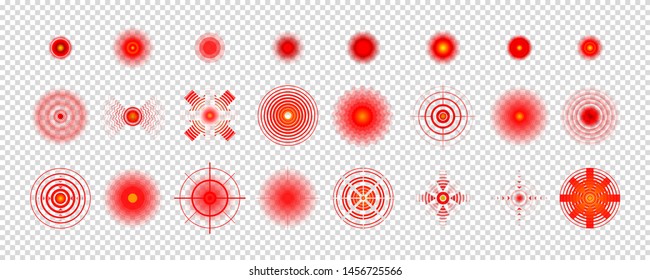 Pain red circle or localization mark, aching place sign, abstract symbol of pain, sore spot or hurt body part marker, design element for painkiller advertisement and medical information posters