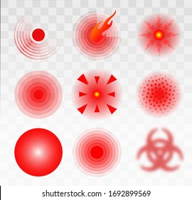 Pain red circle or localization mark, aching place sign, abstract symbol of pain, sore spot or hurt body part marker, design element for painkiller advertisement and medical information posters