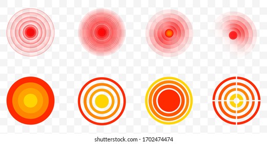 Pain red circle or localization mark, aching place sign, abstract symbol of pain, sore spot or hurt body part marker, design element for painkiller advertisement and medical information poster
