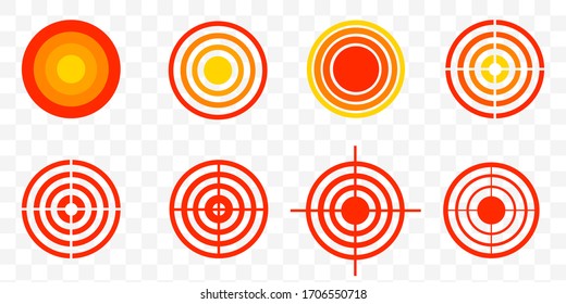 Pain red circle or localization mark, aching place sign, abstract symbol of pain, sore spot or hurt body part marker, design element for painkiller advertisement and medical information posters