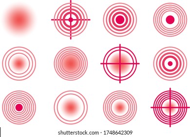 Pain red circle or localization mark, aching place sign, abstract symbol of pain, sore spot or hurt body part marker, design element for painkiller advertisement and medical information posters