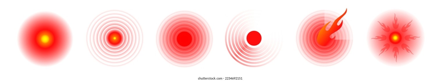 Círculo rojo doloroso o marca de localización, signo del lugar doloroso, símbolo abstracto del dolor, mancha dolorosa o daño de la parte del cuerpo, elemento de diseño para publicidad analgésica y afiches de información médica