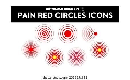 Pain red circle or localization mark, aching place sign, abstract symbol of pain, sore spot or hurt body part marker, design element for painkiller advertisement and medical information posters
