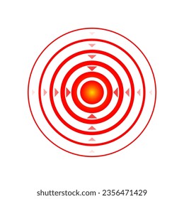 Pain red circle or localization mark, aching place sign, abstract symbol of pain, sore spot or hurt body part marker, design element for painkiller advertisement and medical information posters