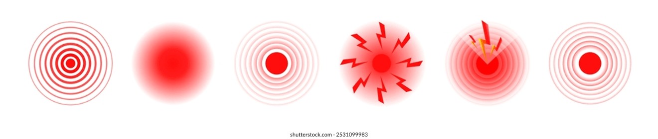 Dor no círculo vermelho ou marca de localização, sinal de lugar dolorido, símbolo abstrato da dor, mancha dolorida ou marca de parte do corpo ferido, elemento de design para anúncio de analgésico e cartazes de informações médicas