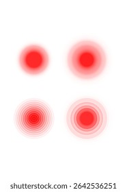Dor no círculo vermelho ou marca de localização, sinal de lugar dolorido, símbolo abstrato da dor, mancha dolorida ou marca de parte do corpo ferido, elemento de design para anúncio de analgésico e cartazes de informações médicas