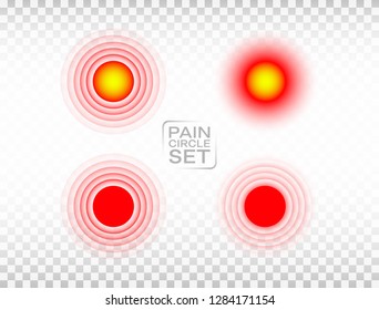 Pain red circle set. Medical rings collection. Hurt marker. Aching place visualization on transparent background. Red sore symbol. Painful part of body. Vector illustration.