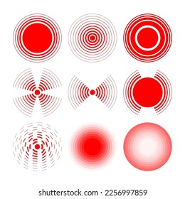 Pain red Circles collection. Pain localization sign and pointings. Red rings. Symbols for medical. Rings of pain to indicate localization of pain in different parts of the human body. Vector.