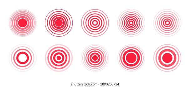 Pain red circles. Pain localization sign and pain pointings. Red rings. Sonar waves. Set of radar icons. Symbols for medical design. Vector illustration.