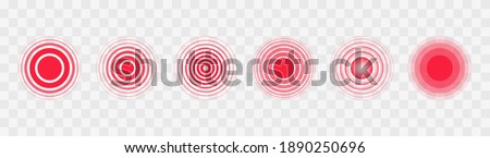 Pain red circles. Pain localization sign and pain pointings. Red rings. Sonar waves. Set of radar icons. Symbols for medical design. Vector illustration.