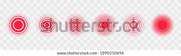 Pain red circles. Pain localization sign\
and pain pointings. Red rings. Sonar waves. Set of radar icons.\
Symbols for medical design. Vector\
illustration.