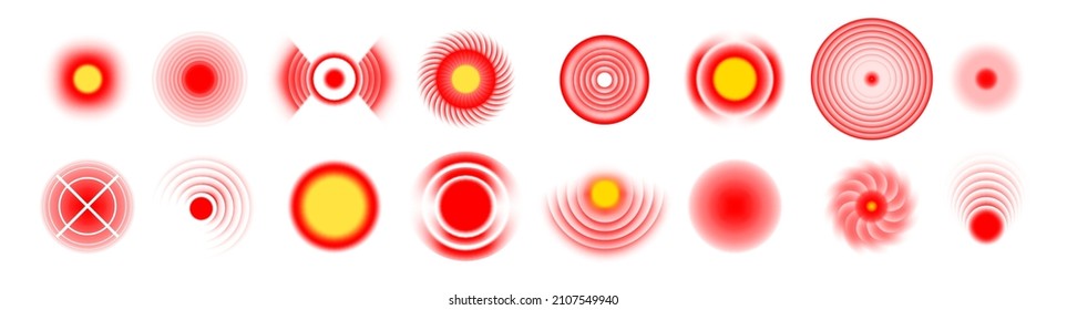 Pain red point. Hurt circle and ache symbol, tooth throat and joint sore abstract medical icons. Vector set