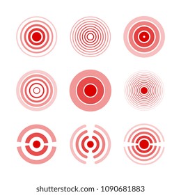 Pain red rings to mark painful woman and man body parts, neck, bones, muscle and headache. Medical vector set of radial target medical problem illustration