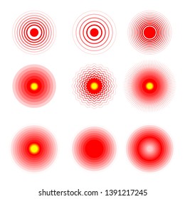 Pain red rings to mark painful woman and man body parts, neck, bones, muscle and headache. Medical vector set of radial target medical problem illustration