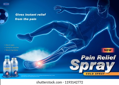 Pain relief spray ads with an injured soccer player, x-ray effect in 3d illustration