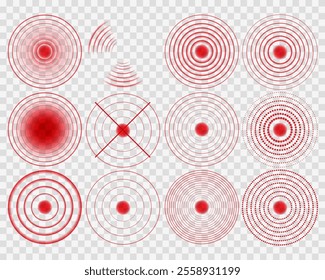 Pain Relief Target Icons: Concentric Red Circles for Healthcare, Radar, and Sound Wave Concepts