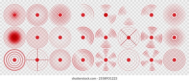 Pain Relief Target Icons: Concentric Red Circles for Healthcare, Radar, and Sound Wave Concepts