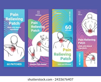 Pain relieving patch package label physical injury medical urgency set design template vector illustration. Body sick ill support aid recovery rehabilitation sticky solution with natural ingredients