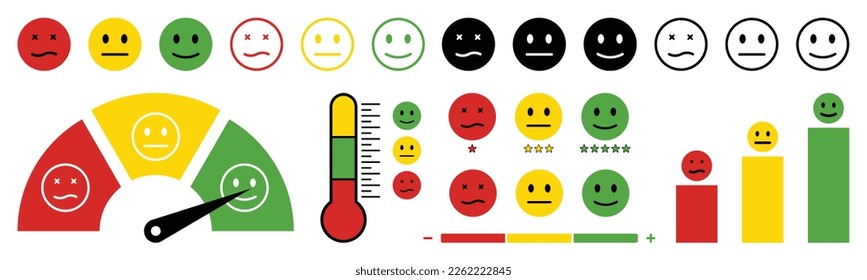 Pain scale meter. Speed dial indicator. Emoticons emoji faces collection. Emoji icons for rate. Vector illustration.