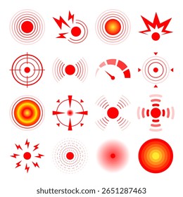 Pain set vector isolated. Collection of radial circles as symbol of pain area. Red waves, signal of body. Sick joint.