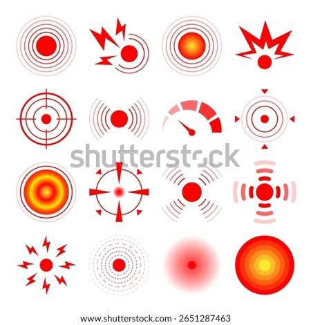 Pain set vector isolated. Collection of radial circles as symbol of pain area. Red waves, signal of body. Sick joint.