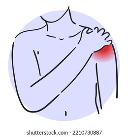 Schmerzen in der Schulter, Vektorgrafik einzeln. Person, die schmerzhafte Gegend berührt, Körperverletzung. Osteoporose, Rheumatismus oder Arthritis. Gelenkerkrankung