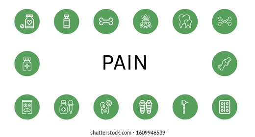 pain simple icons set. Contains such icons as Medicine, Drug container, Bone, Crying, Teeth, Bones, Tooth, Shin, Dental drill, Blister pack, can be used for web, mobile and logo