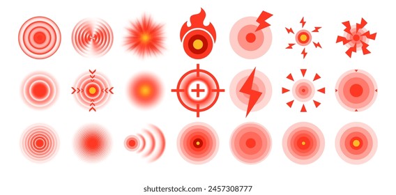 Pain source location. Red target ache mark and pain focus area symbols, sore spot indicator and hurt points isolated vector set