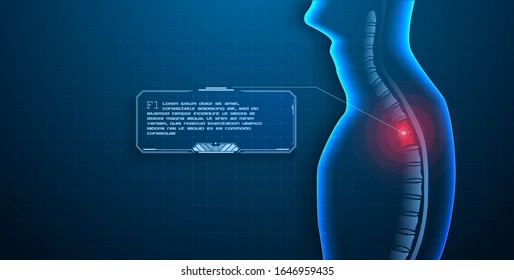 Pain in the spine, a man with backache. Spine pain-x-ray of the thoracic spine skeleton, medical concept. Futuristic frame for a slogan or diagnosis on an isolated blue background. Vector illustration