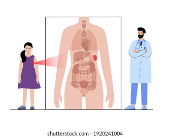 Pain In Spleen. Cirrhosis Or Leukemia. Appointment With Doctor In Clinic. Ache In Female Human Kid Body. Internal Organ Exam. Hodgkin Disease. Problem In Immune System Flat Vector Illustration