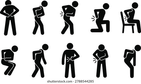 Pain stick figure icon set depicting various body aches stomach discomfort and back pain for healthcare website design or medical app