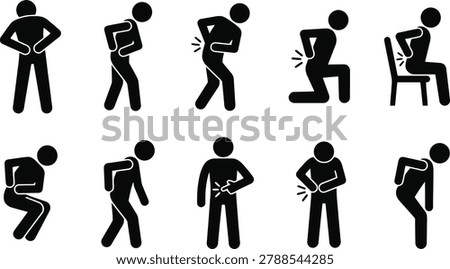 Pain stick figure icon set depicting various body aches stomach discomfort and back pain for healthcare website design or medical app