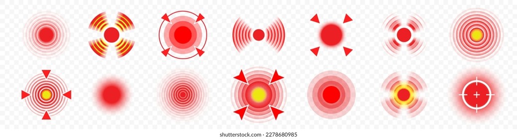 Dolor en los iconos del círculo objetivo, dolor articular, dolor de garganta o dolor corporal, símbolos vectoriales. Pintar o herir manchas rojas para dolor agudo de cuello, dolor de cabeza, símbolos analgésicos