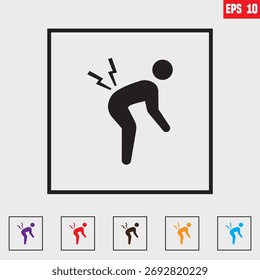 Dolor que ocurre cuando se está de pie desde una posición sentada, a menudo debido a un espasmo o deslizamiento de disco, diseño de ícono de Vector negro para Sitio web, App, IU, aislado sobre fondo blanco. Ilustración vectorial EPS 10 