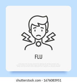 Pain in throat, symptom of coronavirus, flu, grippe, influenza, angina. Thin line icon. Vector illustration.