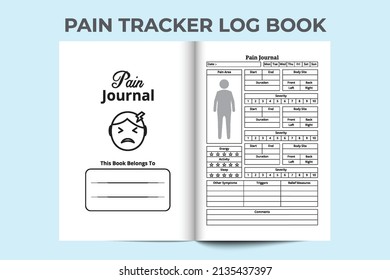 Pain tracker journal. Body pain information and medicine planner template. Interior of a logbook. Human body pain and other symptoms tracker interior. Pain killer routine logbook.