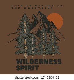 pain tree under the sunset. Mountain vector illustration vector graphic tee t-shirt sweatshirt design. adventure outdoors graphics. typography slogan mountain born to explore.