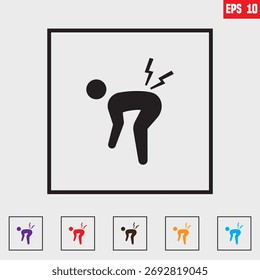 Dolor desencadenado al doblarse, a menudo vinculado a la tensión muscular o problemas de disco, diseño de ícono de Vector negro para Sitio web, App, IU, aislado sobre fondo blanco. Ilustración vectorial EPS 10 