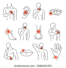 Pain types. Human figures and body parts with highlighted areas of pain or discomfort. Line art vector illustration set